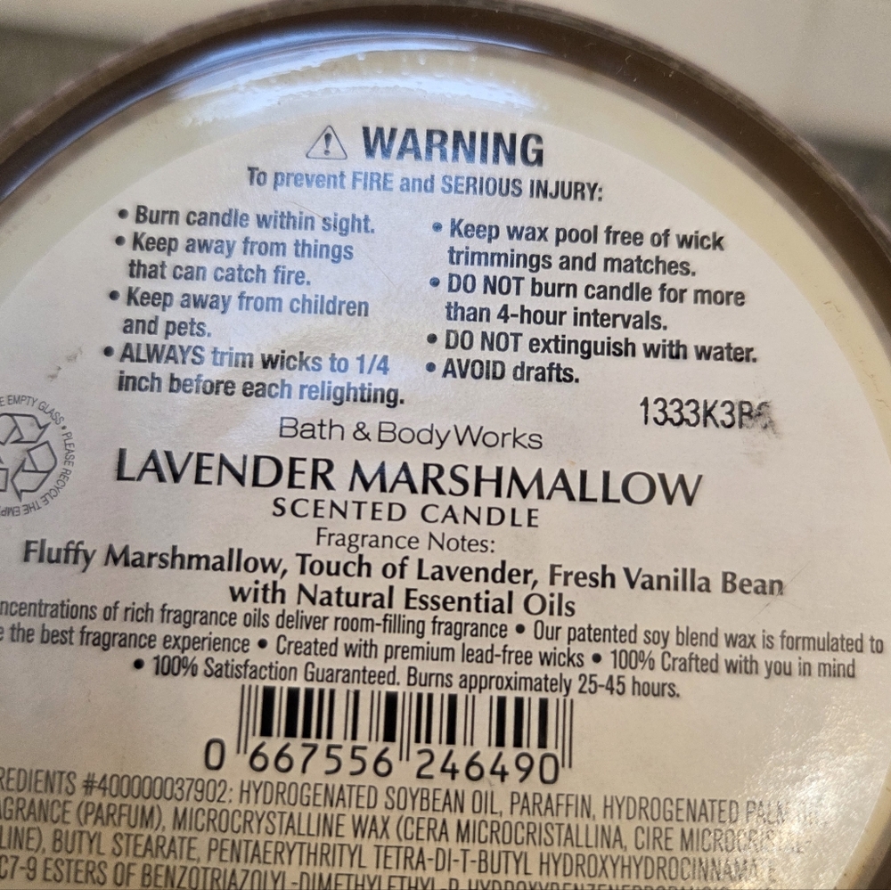 Bath & Body Works Lavender Marshmallow Scented Candle — White & Cream Label - Picture 3 of 3